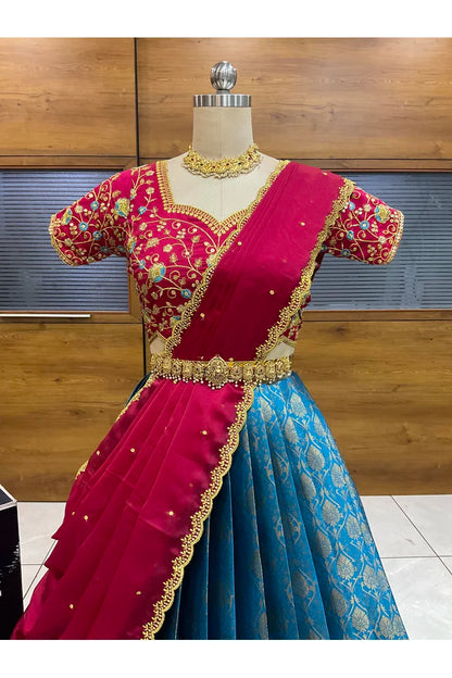 Beautiful South Indian Style Half Saree with Embroidery Blouse and Dupatta for Women | Ishita