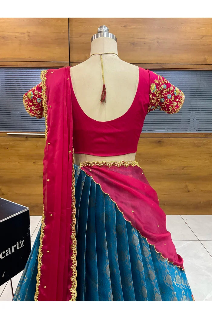 Beautiful South Indian Style Half Saree with Embroidery Blouse and Dupatta for Women | Ishita