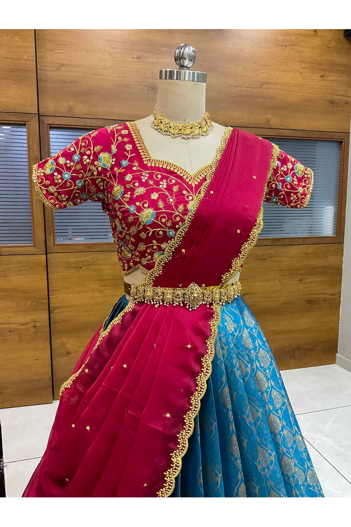 Beautiful South Indian Style Half Saree with Embroidery Blouse and Dupatta for Women | Ishita