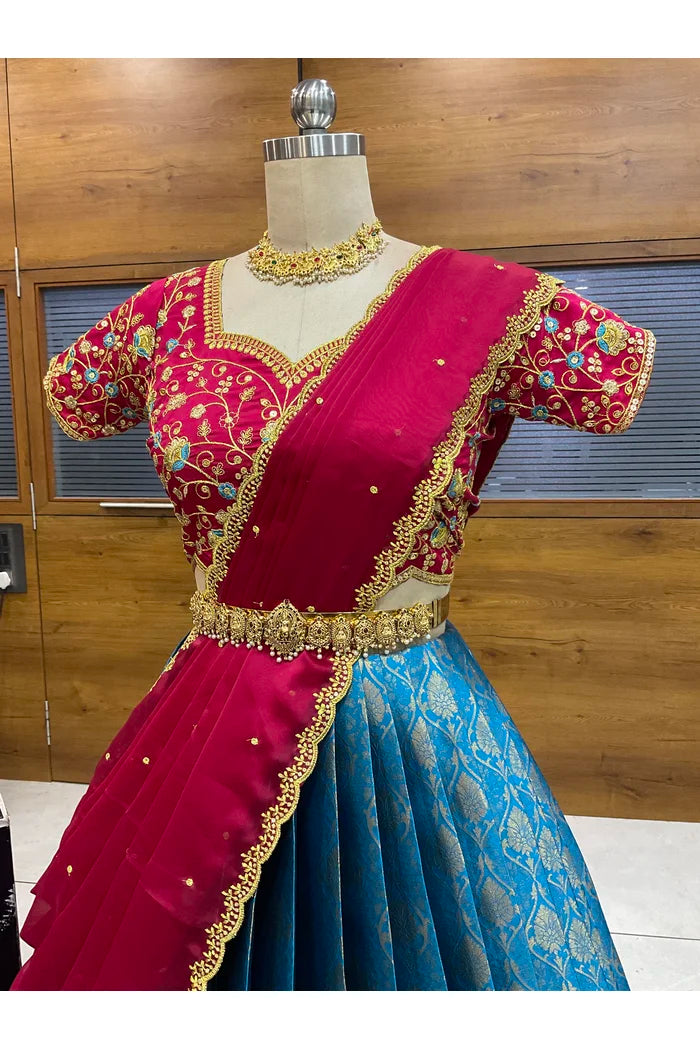 Beautiful South Indian Style Half Saree with Embroidery Blouse and Dupatta for Women | Ishita