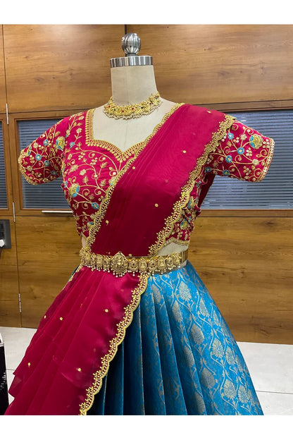 Beautiful South Indian Style Half Saree with Embroidery Blouse and Dupatta for Women | Ishita
