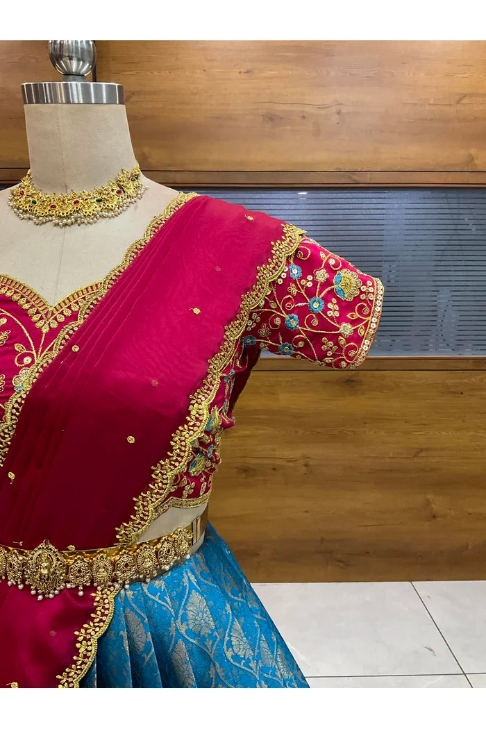 Beautiful South Indian Style Half Saree with Embroidery Blouse and Dupatta for Women | Ishita
