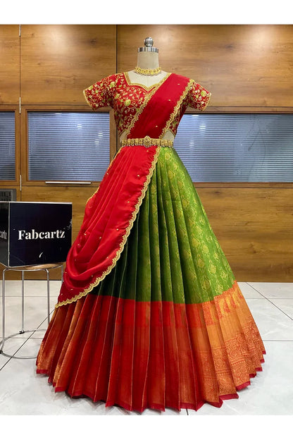 Beautiful South Indian Style Half Saree with Embroidery Blouse and Dupatta for Women | Ishita
