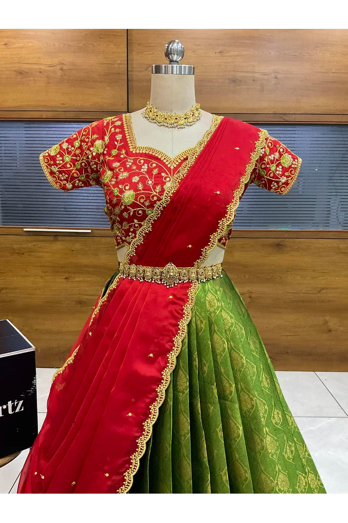 Beautiful South Indian Style Half Saree with Embroidery Blouse and Dupatta for Women | Ishita