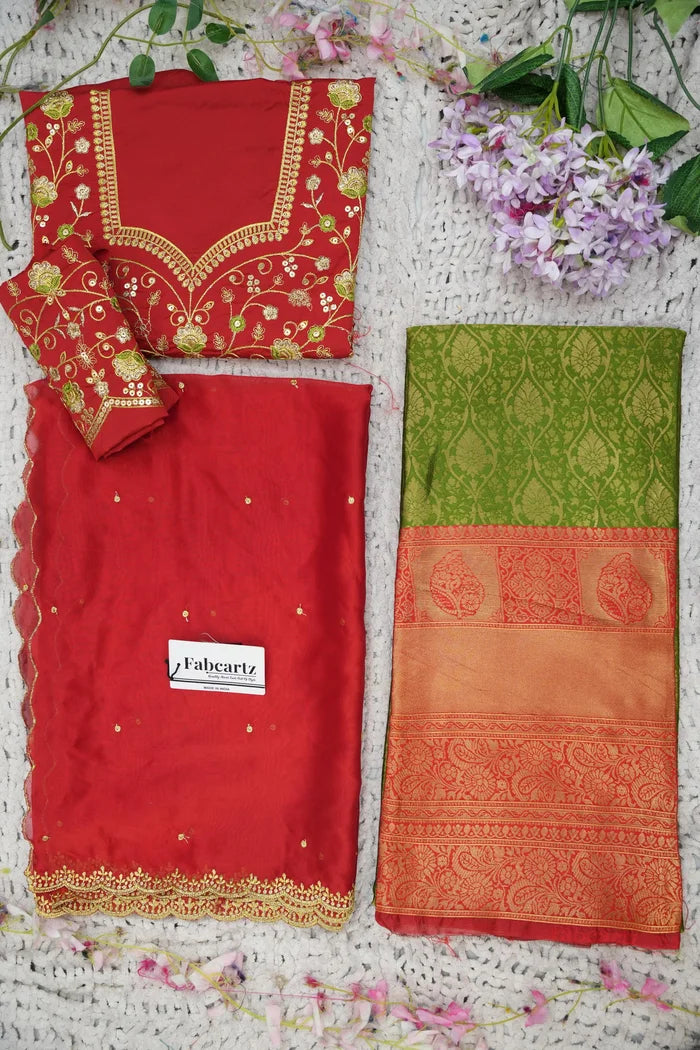 Beautiful South Indian Style Half Saree with Embroidery Blouse and Dupatta for Women | Ishita