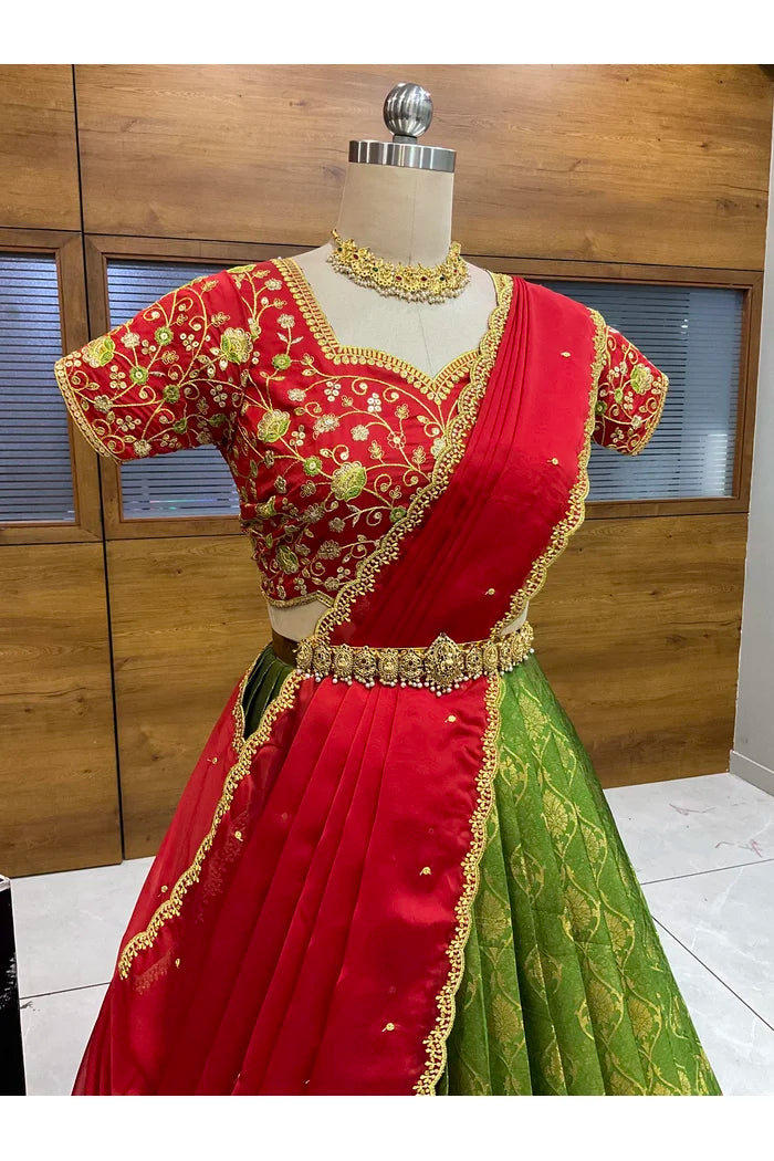 Beautiful South Indian Style Half Saree with Embroidery Blouse and Dupatta for Women | Ishita