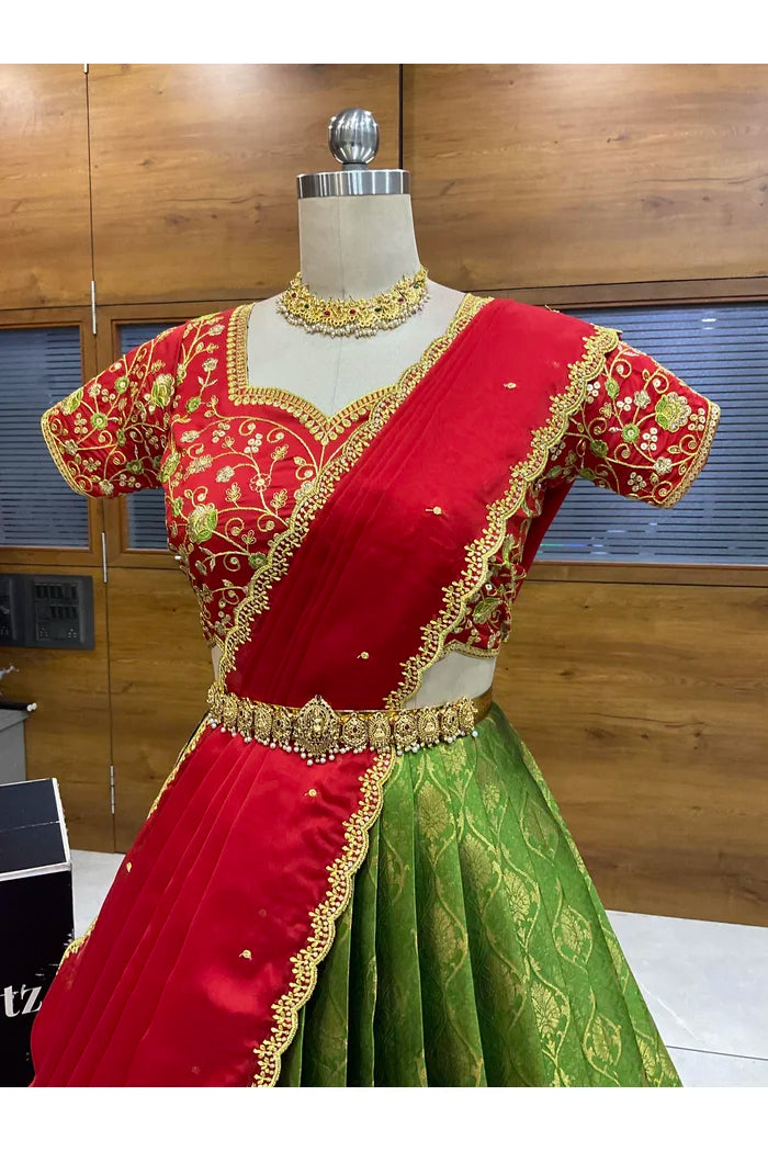 Beautiful South Indian Style Half Saree with Embroidery Blouse and Dupatta for Women | Ishita