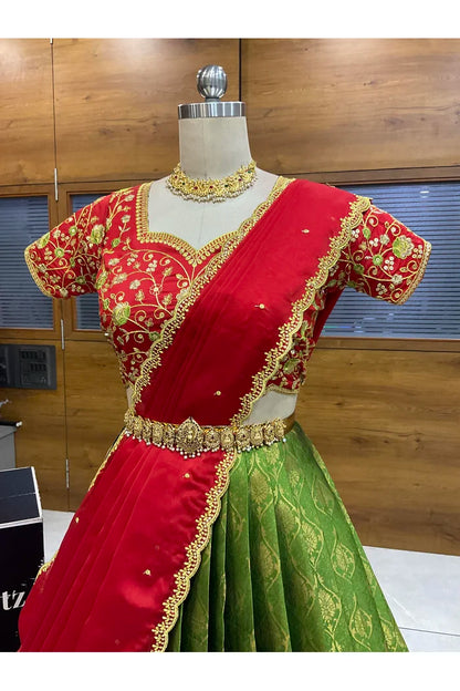 Beautiful South Indian Style Half Saree with Embroidery Blouse and Dupatta for Women | Ishita