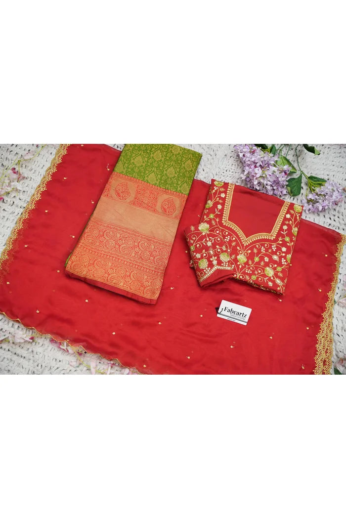 Beautiful South Indian Style Half Saree with Embroidery Blouse and Dupatta for Women | Ishita