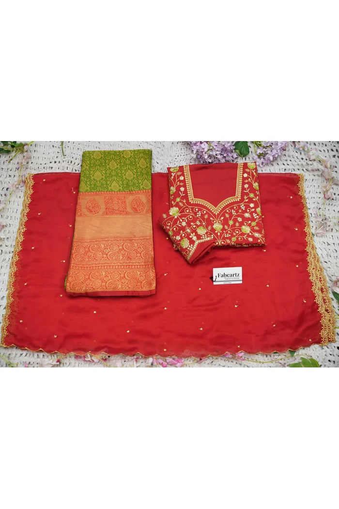 Beautiful South Indian Style Half Saree with Embroidery Blouse and Dupatta for Women | Ishita