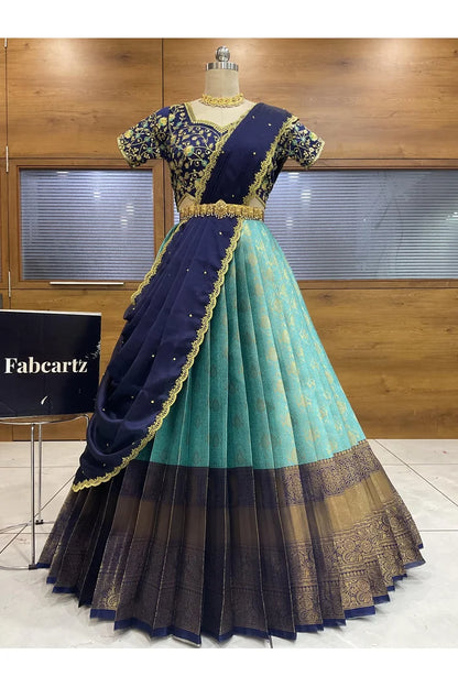 Beautiful South Indian Style Half Saree with Embroidery Blouse and Dupatta for Women | Ishita