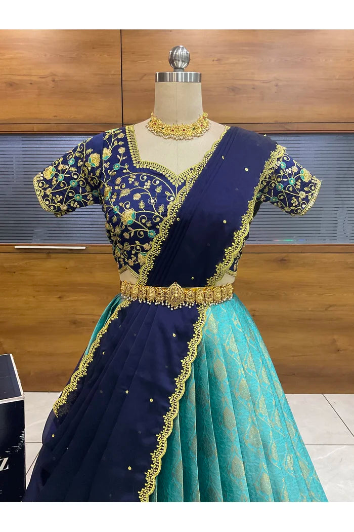 Beautiful South Indian Style Half Saree with Embroidery Blouse and Dupatta for Women | Ishita