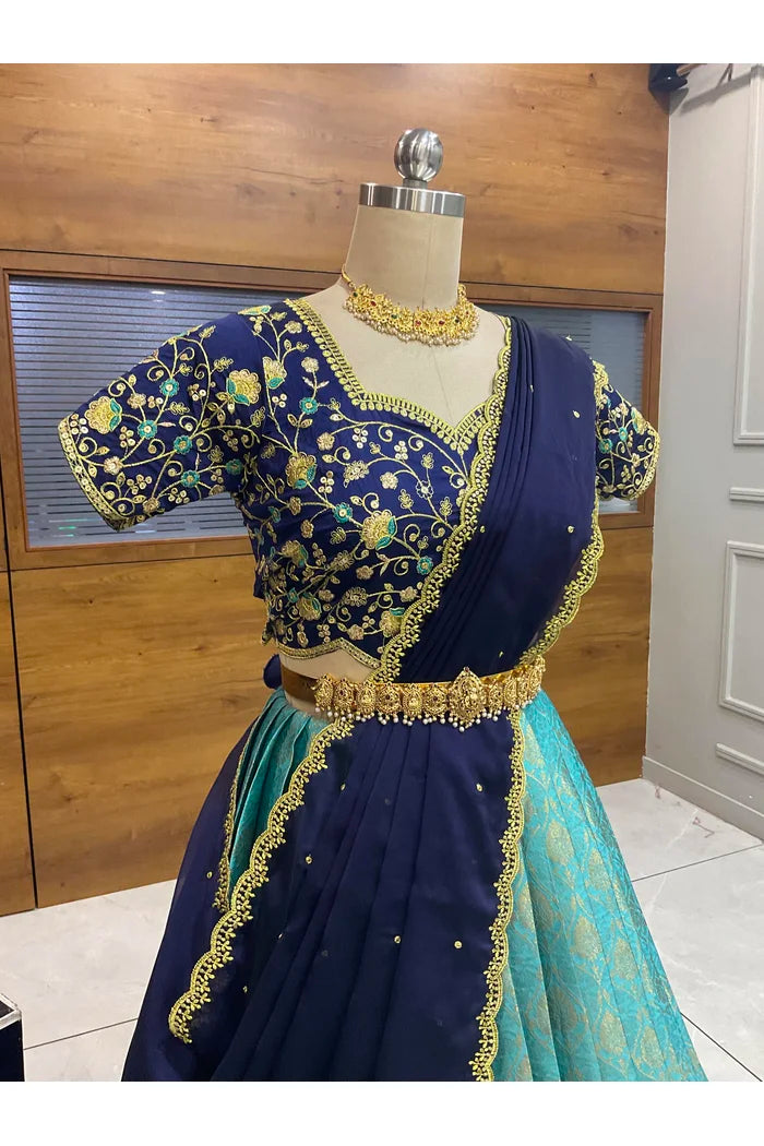 Beautiful South Indian Style Half Saree with Embroidery Blouse and Dupatta for Women | Ishita