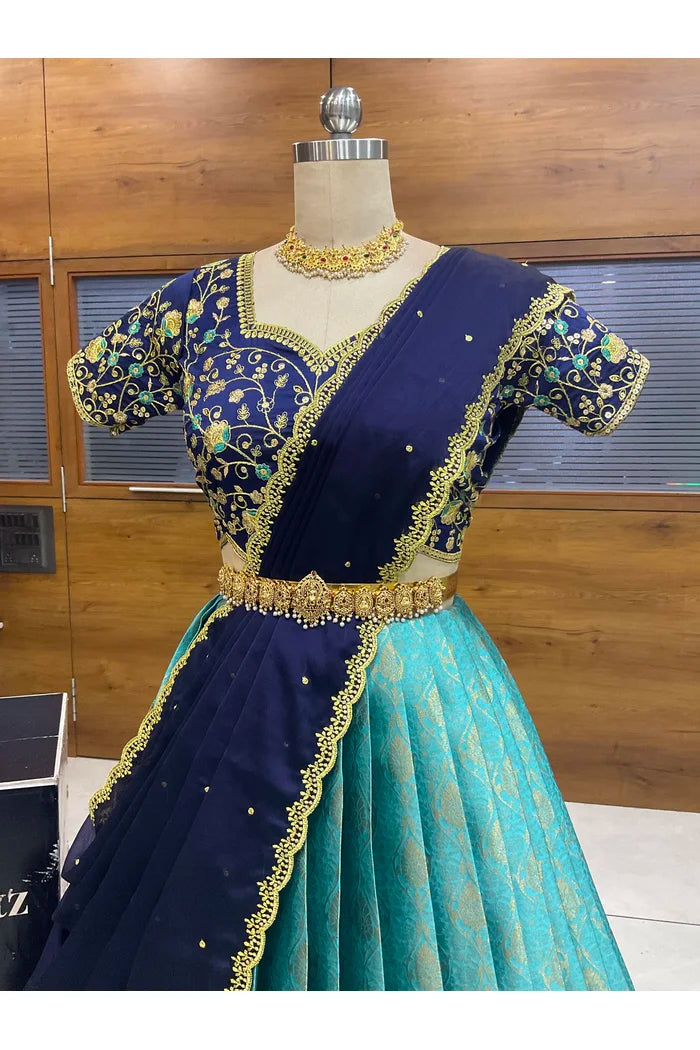 Beautiful South Indian Style Half Saree with Embroidery Blouse and Dupatta for Women | Ishita