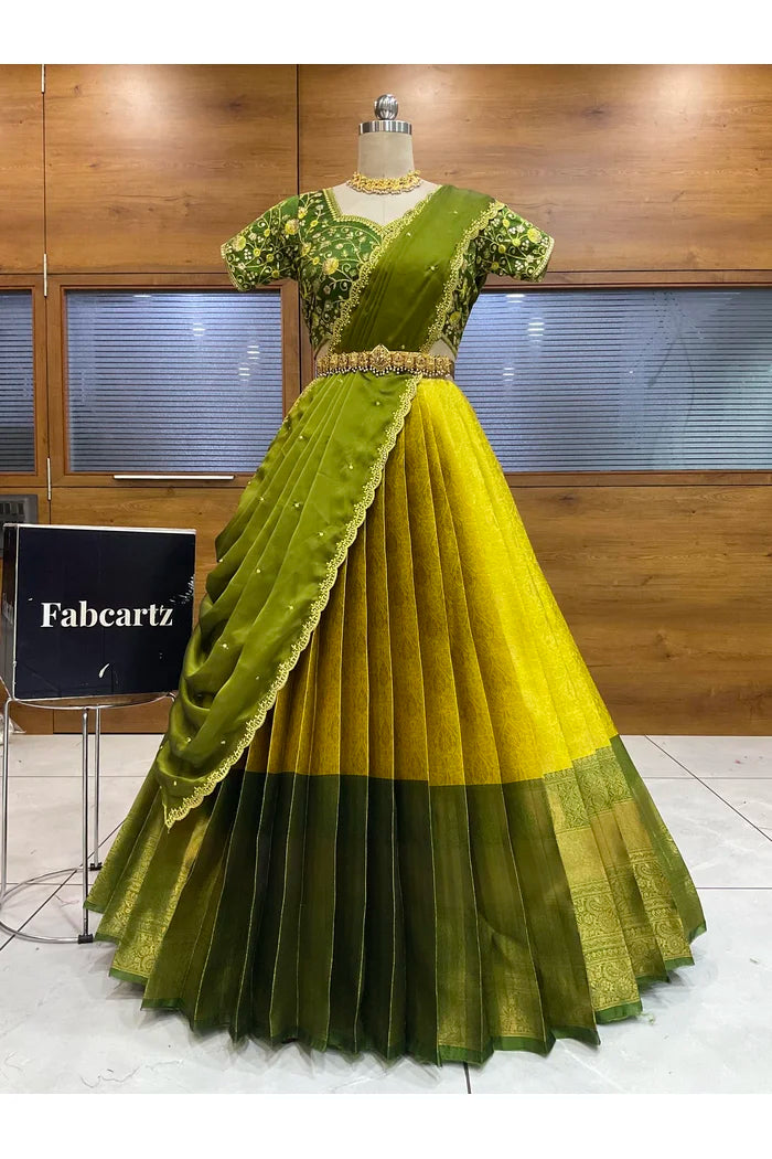 Beautiful South Indian Style Half Saree with Embroidery Blouse and Dupatta for Women | Ishita