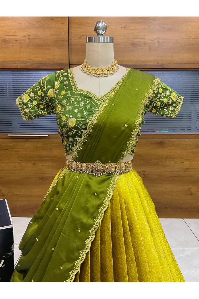 Beautiful South Indian Style Half Saree with Embroidery Blouse and Dupatta for Women | Ishita