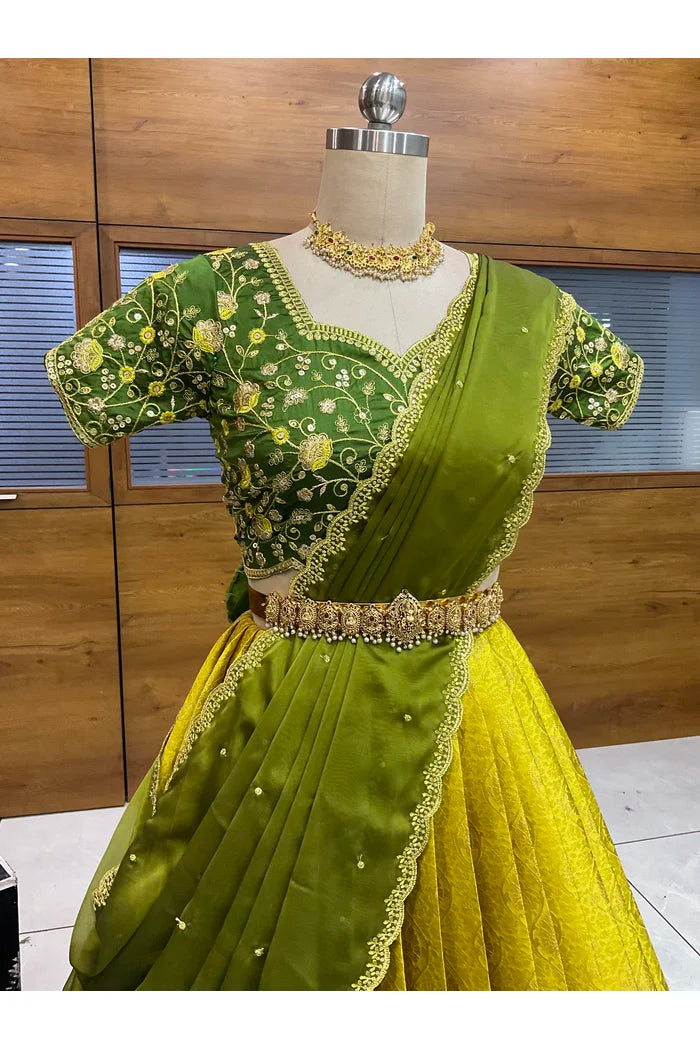 Beautiful South Indian Style Half Saree with Embroidery Blouse and Dupatta for Women | Ishita