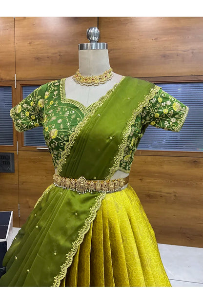 Beautiful South Indian Style Half Saree with Embroidery Blouse and Dupatta for Women | Ishita