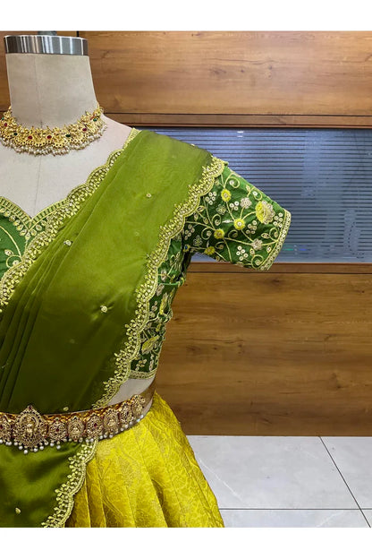 Beautiful South Indian Style Half Saree with Embroidery Blouse and Dupatta for Women | Ishita
