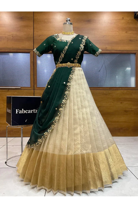 Beautiful South Indian Style Half Saree with Hand Work Blouse and Dupatta for Women | BiliPatra