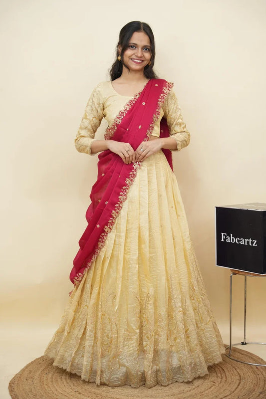 Beautiful South Indian Style Gold Crush Half Saree with Hand Work and Beads Work Blouse and Dupatta for Women | SitaRamam Kv