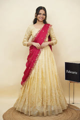 Beautiful South Indian Style Gold Crush Half Saree with Hand Work and Beads Work Blouse and Dupatta for Women | SitaRamam Kv