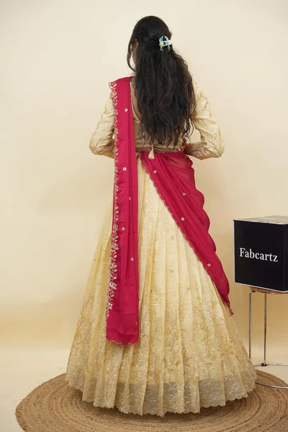 Beautiful South Indian Style Gold Crush Half Saree with Hand Work and Beads Work Blouse and Dupatta for Women | SitaRamam Kv