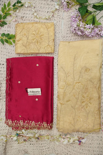 Beautiful South Indian Style Gold Crush Half Saree with Hand Work and Beads Work Blouse and Dupatta for Women | SitaRamam Kv