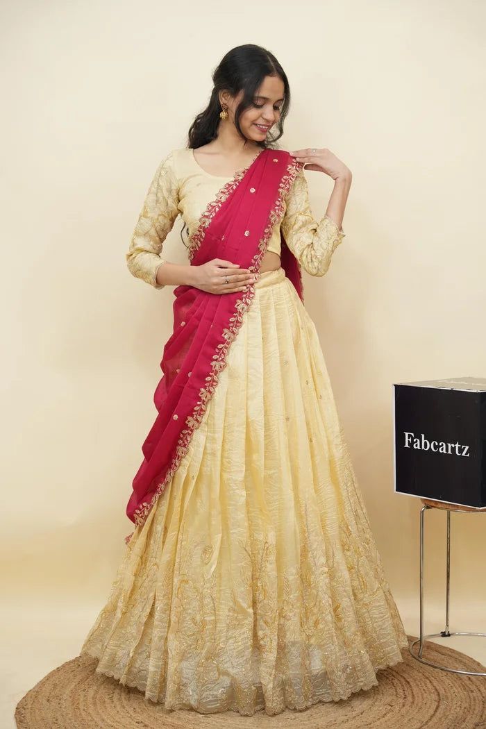 Beautiful South Indian Style Gold Crush Half Saree with Hand Work and Beads Work Blouse and Dupatta for Women | SitaRamam Kv