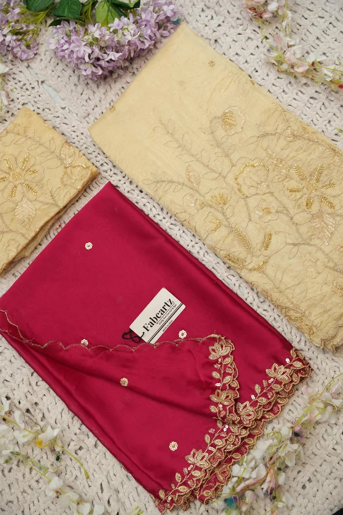 Beautiful South Indian Style Gold Crush Half Saree with Hand Work and Beads Work Blouse and Dupatta for Women | SitaRamam Kv