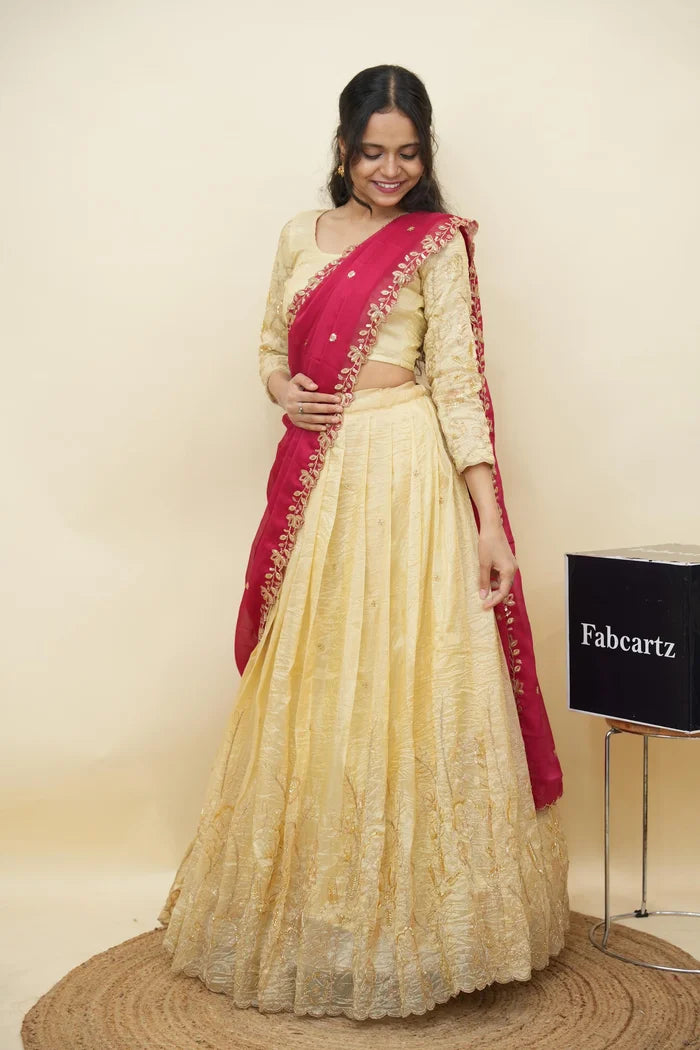 Beautiful South Indian Style Gold Crush Half Saree with Hand Work and Beads Work Blouse and Dupatta for Women | SitaRamam Kv