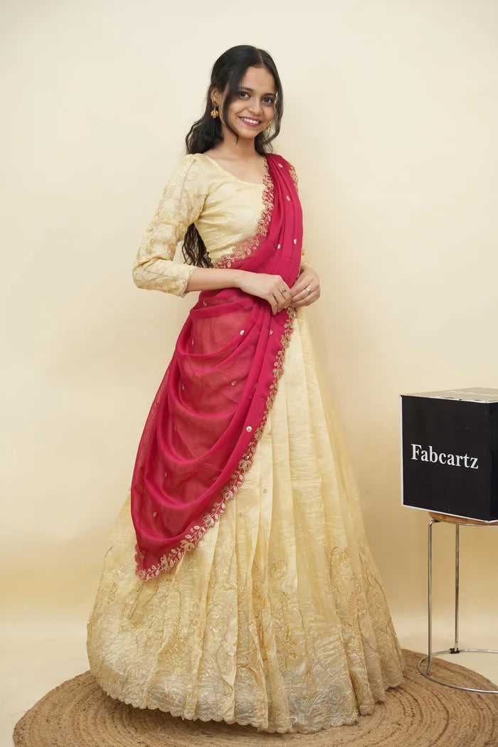 Beautiful South Indian Style Gold Crush Half Saree with Hand Work and Beads Work Blouse and Dupatta for Women | SitaRamam Kv