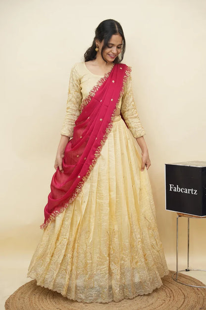 Beautiful South Indian Style Gold Crush Half Saree with Hand Work and Beads Work Blouse and Dupatta for Women | SitaRamam Kv