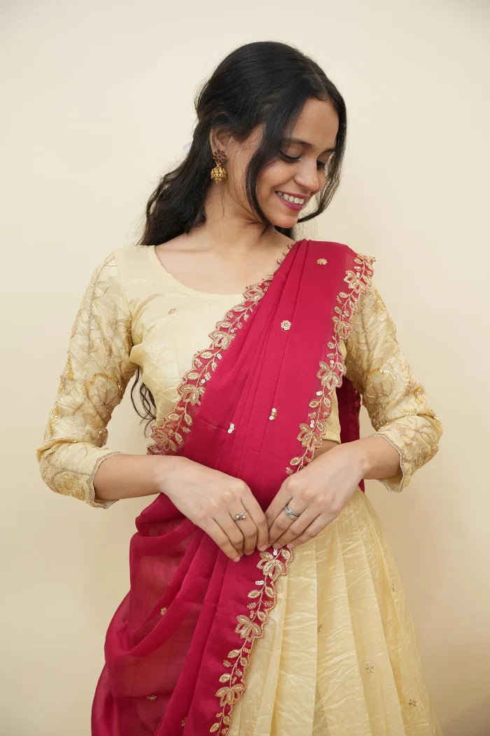 Beautiful South Indian Style Gold Crush Half Saree with Hand Work and Beads Work Blouse and Dupatta for Women | SitaRamam Kv