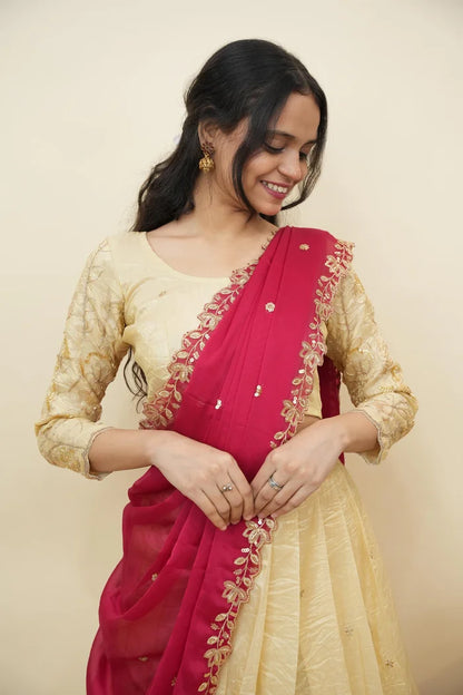 Beautiful South Indian Style Gold Crush Half Saree with Hand Work and Beads Work Blouse and Dupatta for Women | SitaRamam Kv