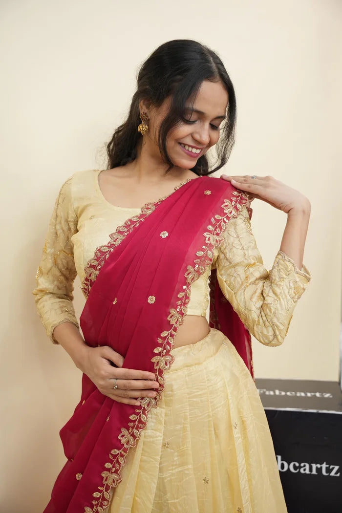 Beautiful South Indian Style Gold Crush Half Saree with Hand Work and Beads Work Blouse and Dupatta for Women | SitaRamam Kv
