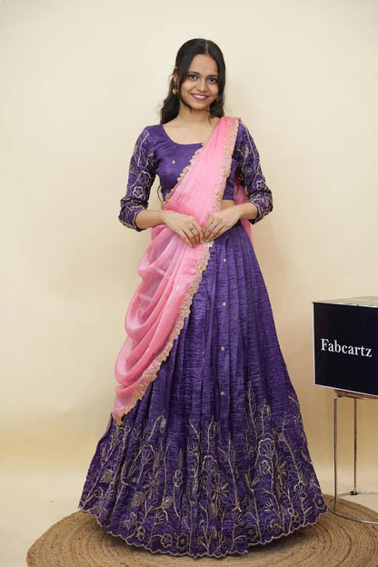 Beautiful South Indian Style Gold Crush Half Saree with Hand Work and Beads Work Blouse and Dupatta for Women | SitaRamam Kv
