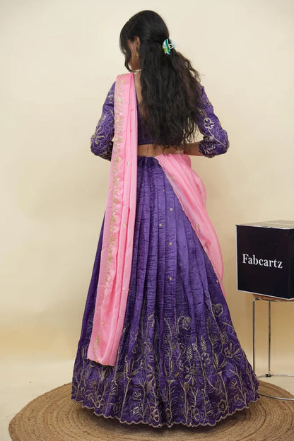 Beautiful South Indian Style Gold Crush Half Saree with Hand Work and Beads Work Blouse and Dupatta for Women | SitaRamam Kv