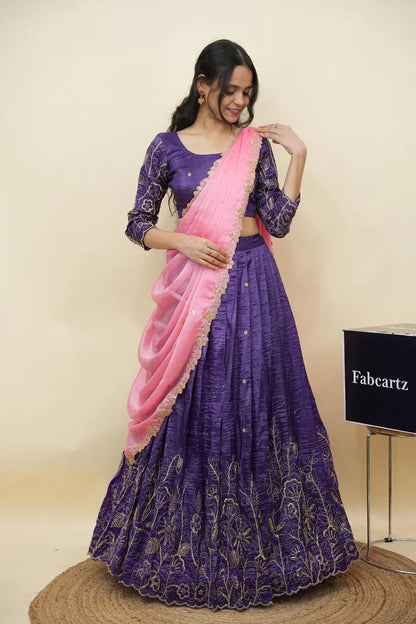 Beautiful South Indian Style Gold Crush Half Saree with Hand Work and Beads Work Blouse and Dupatta for Women | SitaRamam Kv