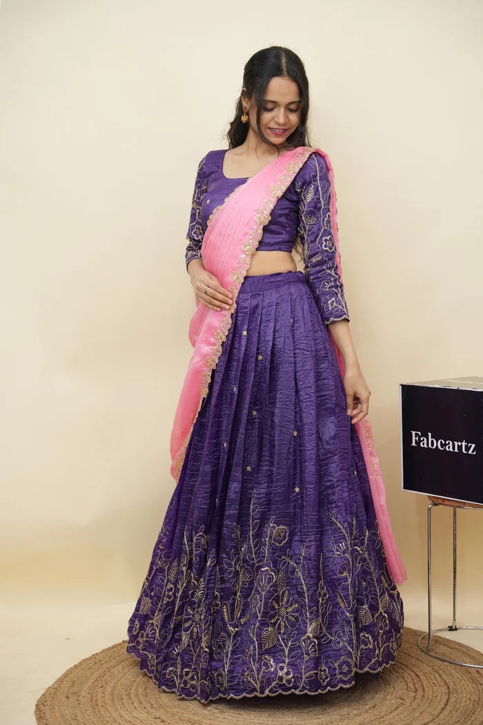 Beautiful South Indian Style Gold Crush Half Saree with Hand Work and Beads Work Blouse and Dupatta for Women | SitaRamam Kv