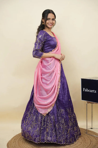 Beautiful South Indian Style Gold Crush Half Saree with Hand Work and Beads Work Blouse and Dupatta for Women | SitaRamam Kv