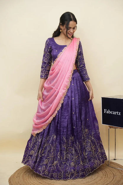 Beautiful South Indian Style Gold Crush Half Saree with Hand Work and Beads Work Blouse and Dupatta for Women | SitaRamam Kv