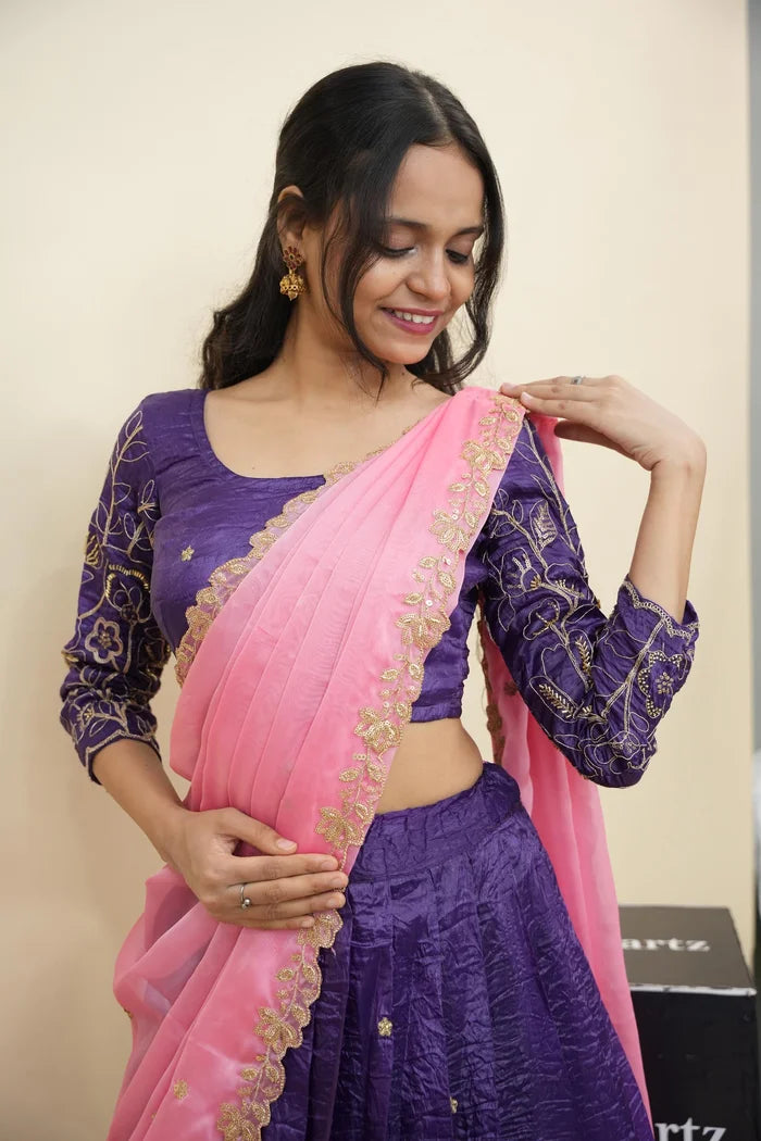 Beautiful South Indian Style Gold Crush Half Saree with Hand Work and Beads Work Blouse and Dupatta for Women | SitaRamam Kv