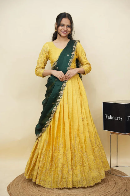 Beautiful South Indian Style Gold Crush Half Saree with Hand Work and Beads Work Blouse and Dupatta for Women | SitaRamam Kv
