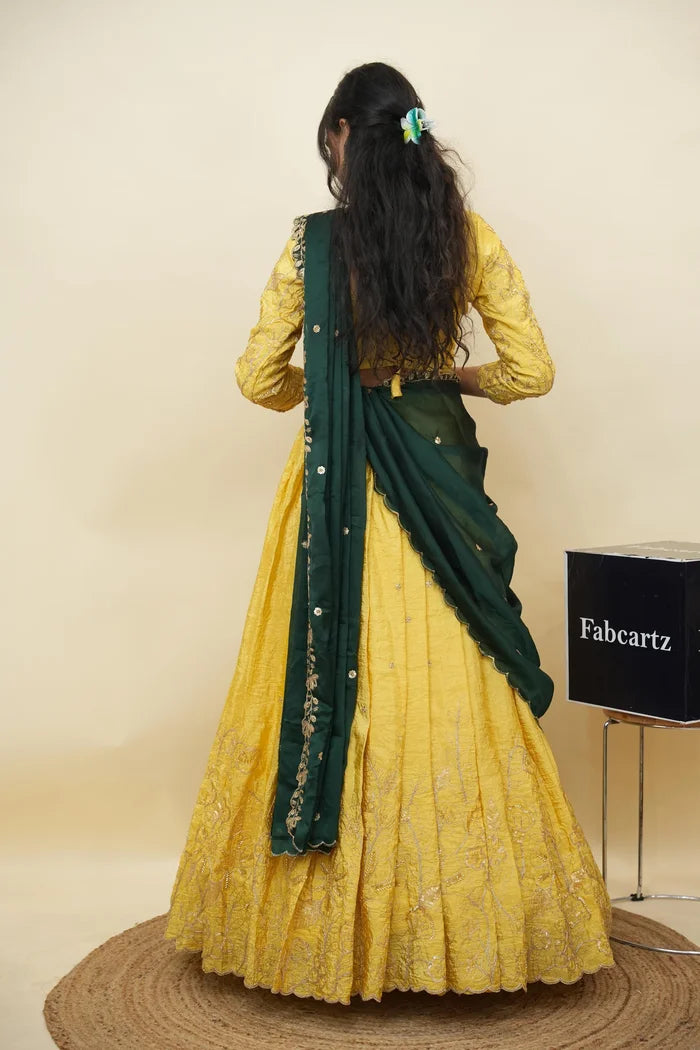 Beautiful South Indian Style Gold Crush Half Saree with Hand Work and Beads Work Blouse and Dupatta for Women | SitaRamam Kv