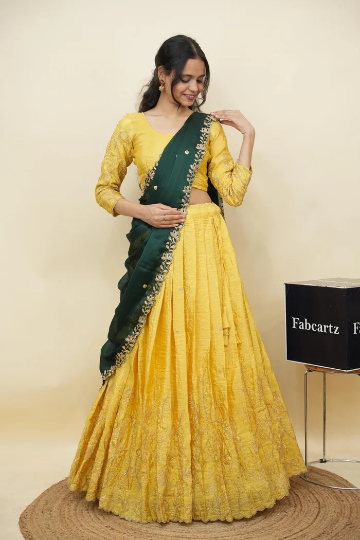 Beautiful South Indian Style Gold Crush Half Saree with Hand Work and Beads Work Blouse and Dupatta for Women | SitaRamam Kv