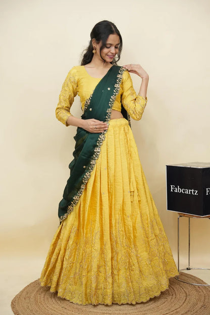 Beautiful South Indian Style Gold Crush Half Saree with Hand Work and Beads Work Blouse and Dupatta for Women | SitaRamam Kv