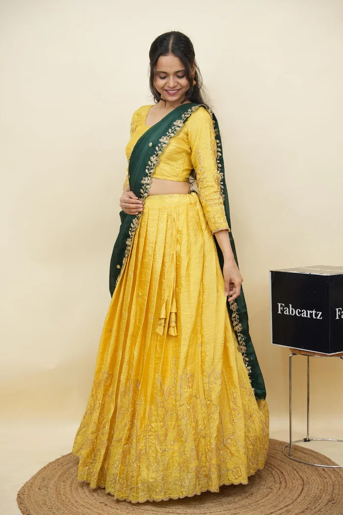 Beautiful South Indian Style Gold Crush Half Saree with Hand Work and Beads Work Blouse and Dupatta for Women | SitaRamam Kv