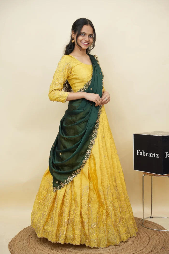 Beautiful South Indian Style Gold Crush Half Saree with Hand Work and Beads Work Blouse and Dupatta for Women | SitaRamam Kv