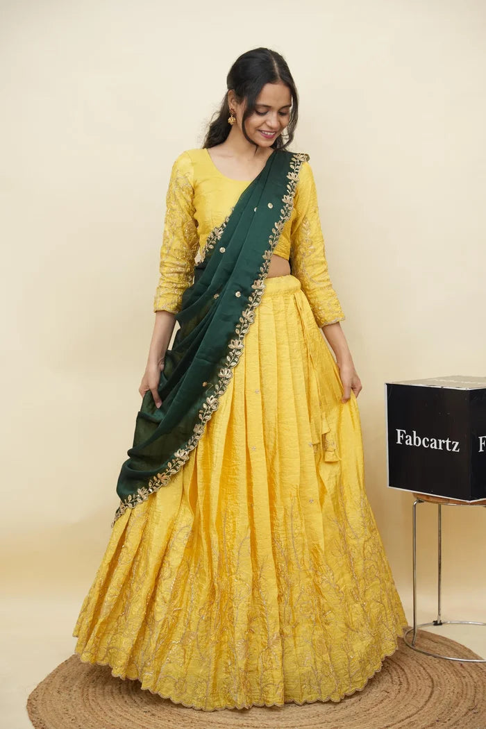 Beautiful South Indian Style Gold Crush Half Saree with Hand Work and Beads Work Blouse and Dupatta for Women | SitaRamam Kv